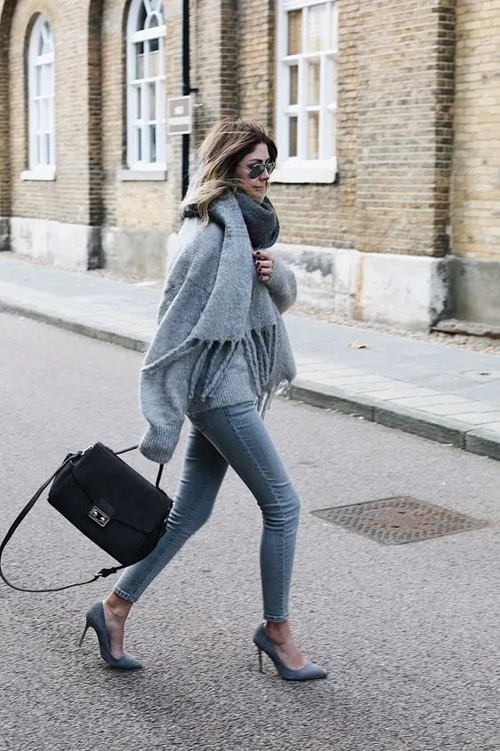 Grey Sweater & Grey Suede Heels