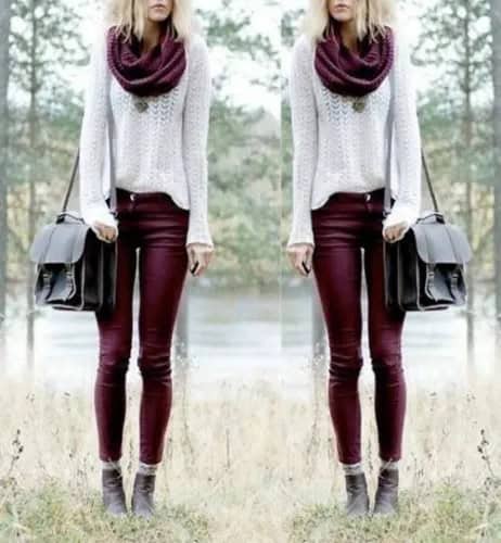 White Crochet Knit Sweater with Infinity Scarf & Maroon Skinny Jeans