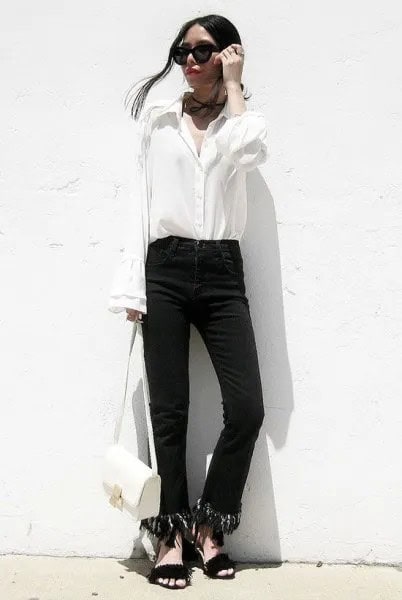 Black Fringe Hem Jeans with White Button Up Bell Sleeve Shirt