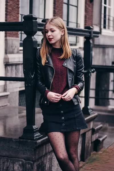 Black Leather Biker Jacket with Mini Denim Skirt & Polka Dot Tights