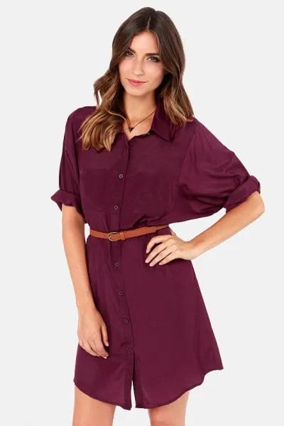 Burgundy Belted Shirt Dress