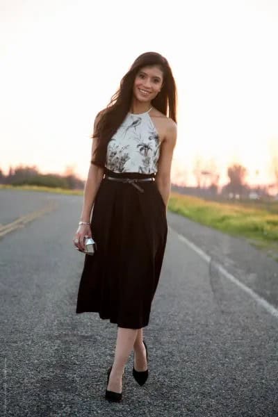 White Floral Halter Top with High Waisted Black Midi Pleated Skirt