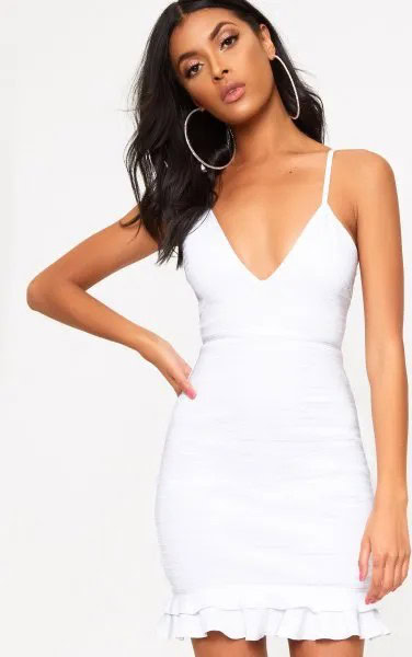 White Deep V Neck Ruffle Hem Mini Dress