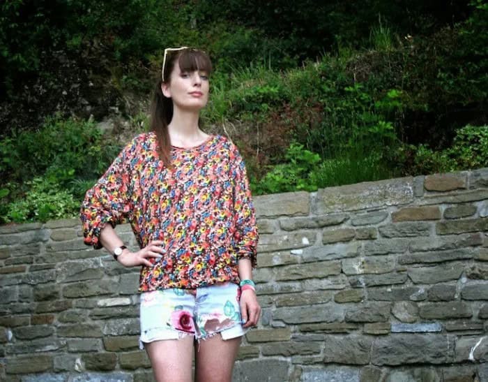 Yellow and Blue Floral Printed Blouse with Mini Graphic Designer Shorts