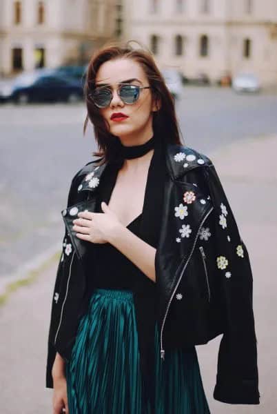 Black Embroidered Leather Jacket with Deep V Neck Vest Top & Choker