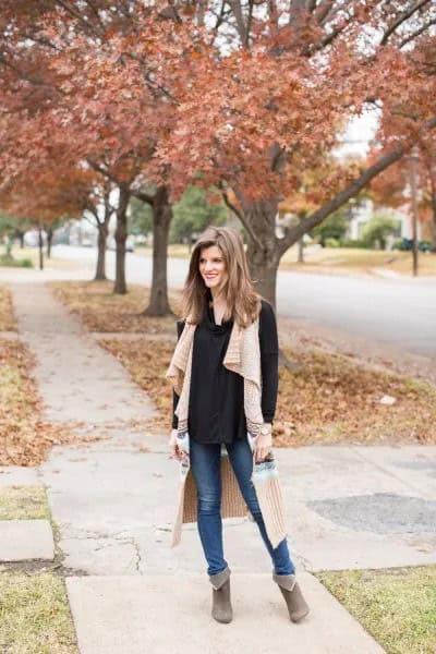 Blush Pink Long Sweater Vest with Black Blouse & Jeans