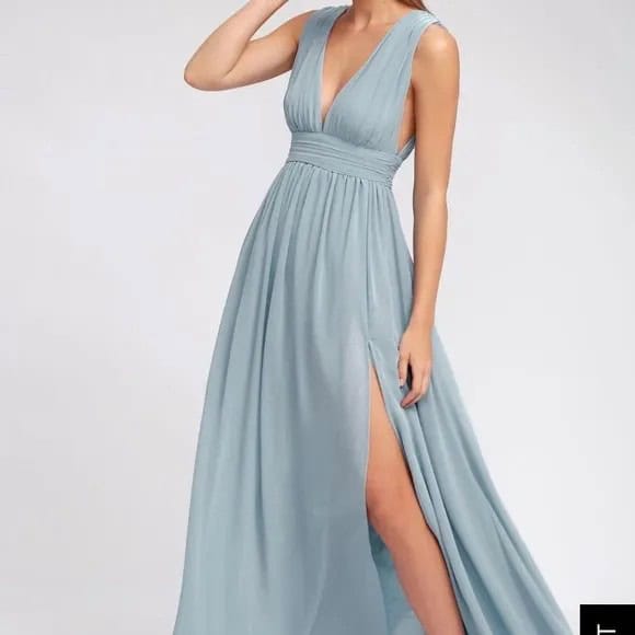 Teal Blue Deep V Neck Gathered Waist Maxi High Slit Dress