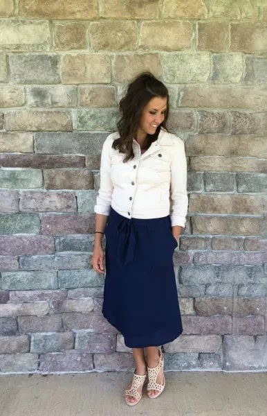 White Denim Button Up Jacket with Navy Midi Relaxed Fit Skirt