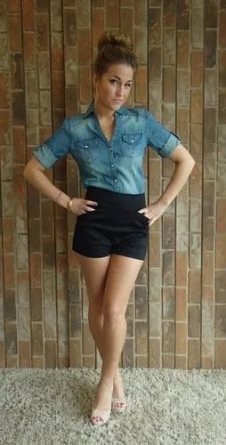 Denim Shirt with Black High Waisted Dressy Shorts