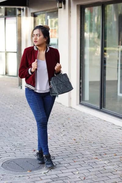 Burgundy Velvet Blazer with Grey Scoop Neck Tee & Blue Slim Fit Jeans