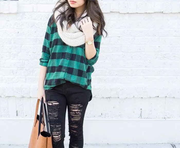 Grey and Green Plaid Boyfriend Shirt with Destroyed Black Jeans