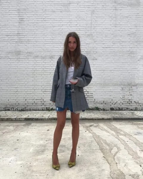 Long Blazer Coat with White Fitted Tee & Blue Denim Mini Skirt