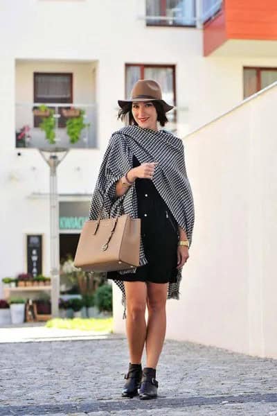 Black and White Checkered Shawl with Mini Shift Dress