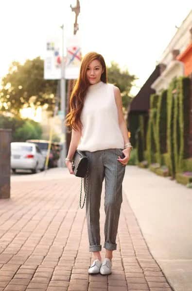 White Mock Neck Sleeveless Knit Sweater with Cuffed Tweed Pants