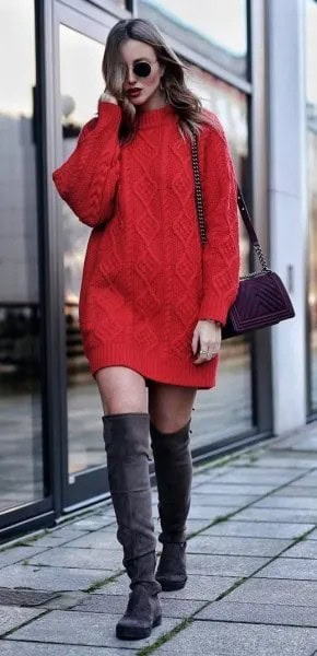 Red Cable Knit Sweater Dress with Grey Thigh High Boots