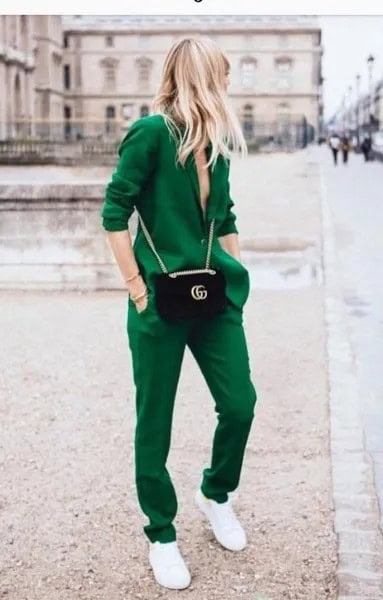 Green Blazer with Matching Pants & White Sneakers