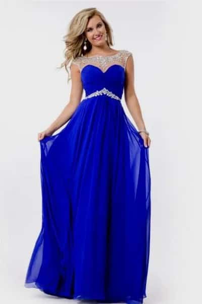 Semi-Sheer Blue Belted Chiffon Long Dress