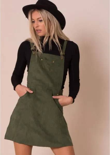 Black Felt Hat with Long Sleeve Sweater & Mini Pinafore Khaki Dress