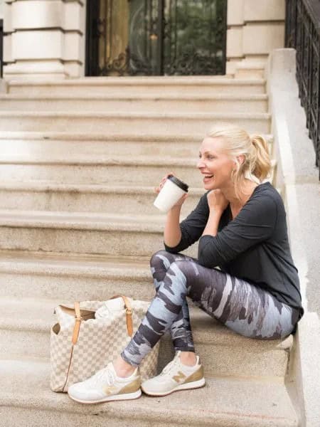 Black Scoop Neck Long Sleeve Tee with Grey Camo Leggings