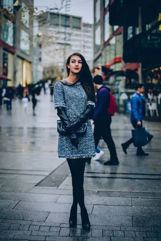 Tweed Dress + Long Black Gloves