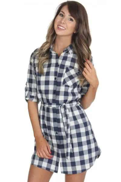 Black and White Half Sleeve Checkered Shirt Dress