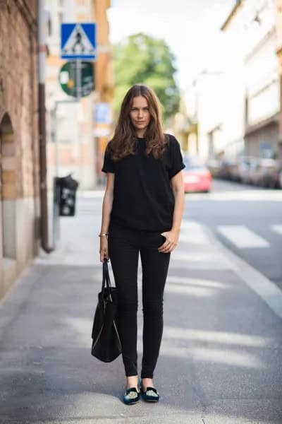 Embroidered Loafers with All-Black Outfit