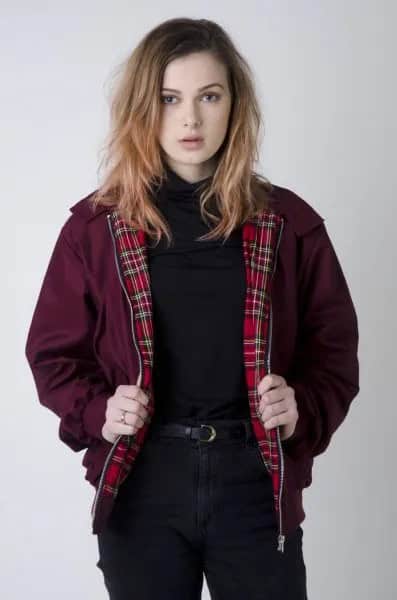 Burgundy Harrington Jacket with Black Button Up Shirt