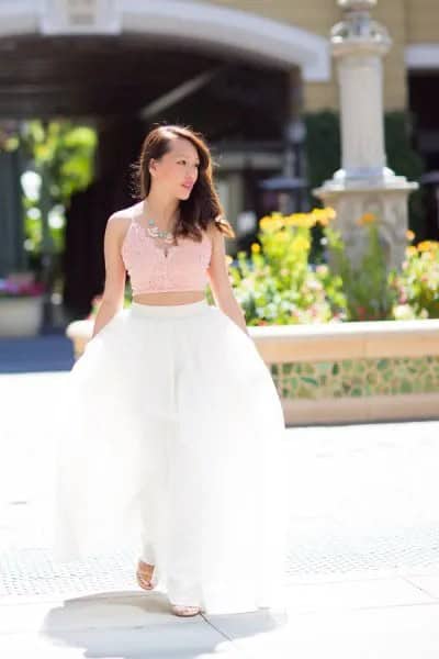 Blush Pink Lace Cropped Camisole with White Long Tulle Skirt