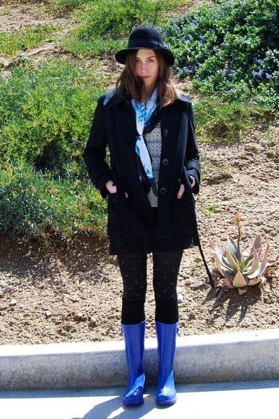 Blue Rain Boots with Wool Coat & Leggings