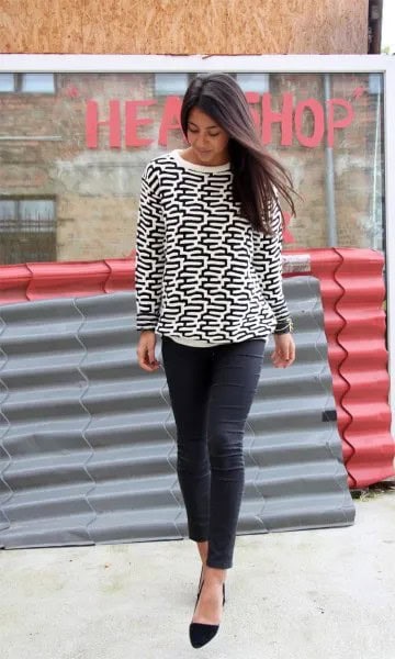 White and Black Graphic Crew Neck Sweater with Black Slim Fit Jeans