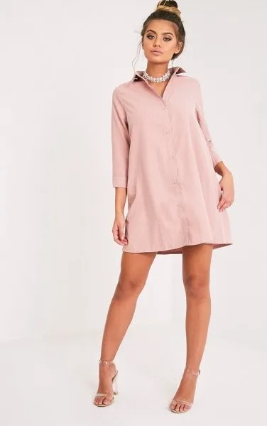 Pale Pink Shirt Dress with Silver Heels