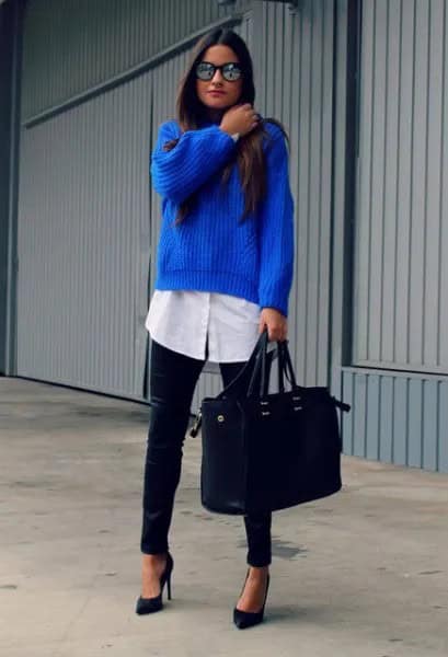 Ribbed Blue Sweater Over Longline White Button Up Shirt