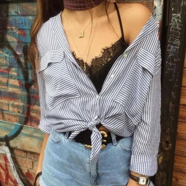 Black Lace Bralette with One Shoulder Knotted Shirt & Denim Shorts