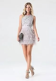 White Belted Mini Feather Dress with Silver Sequin Details