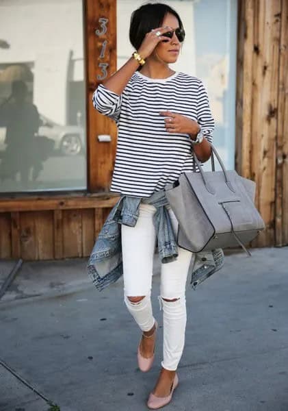 Black and White Striped T Shirt with Denim Jacket