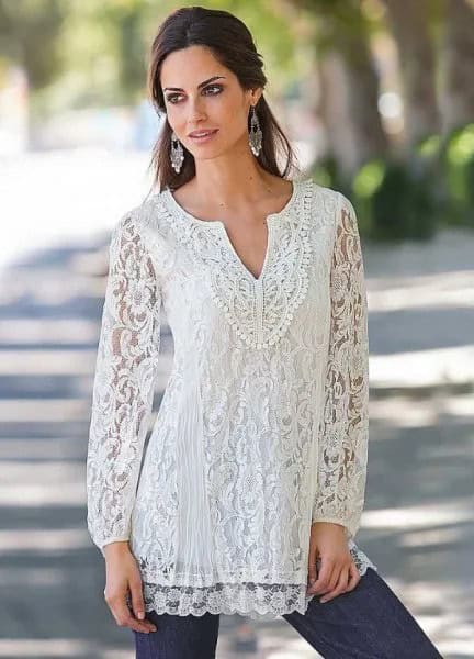 White Lace Dressy Blouse with Dark Blue Skinny Jeans