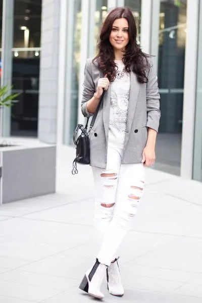 Grey Blazer with Print Tee & White Ripped Jeans