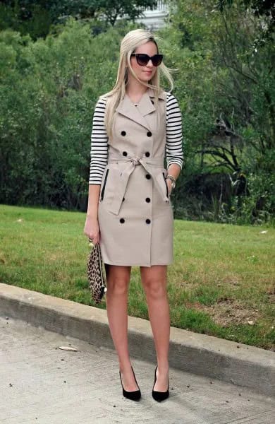 Black and White Striped Long Sleeve Tee with Pale Pink Belted Sleeveless Trench Coat