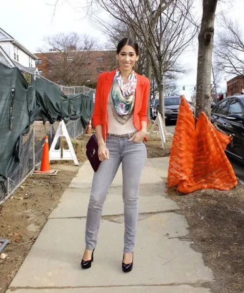 Red Blazer with Satin Scarf & Grey Skinny Jeans