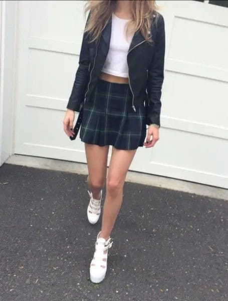 Black Leather Jacket with White Cropped Tee & Mini Skirt