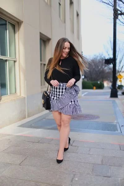 Black Keyhole Sweater with Checkered Mini Ruffle Skirt