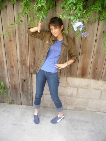 Brown Boyfriend Shirt with Blue Tee & Cuffed Jeans