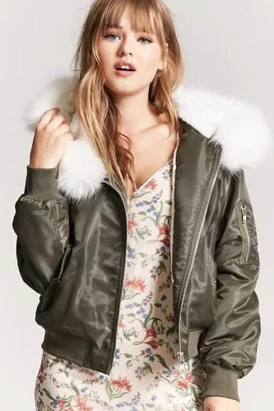 Grey Faux Fur Hooded Bomber Jacket with V Neck Floral Print Sheath Dress