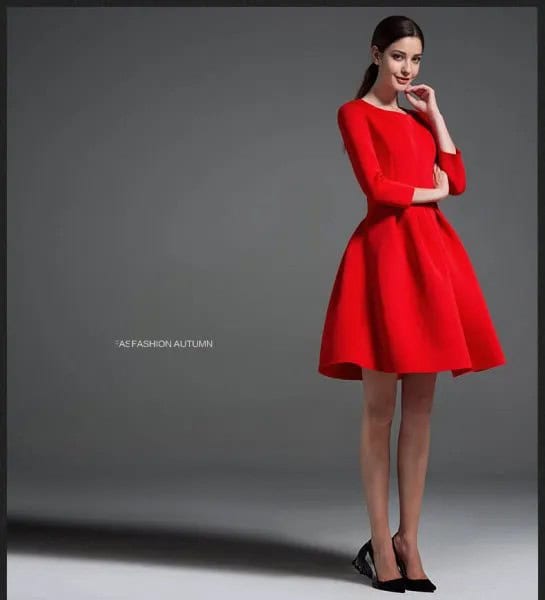 Red Long Sleeve Mini Flared Dress with Black Ballet Heels