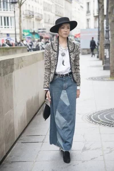 Grey Tweed Collarless Blazer with Long Denim Skirt