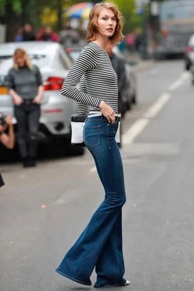 Flared Jeans with Black and White Striped Long Sleeve Tee