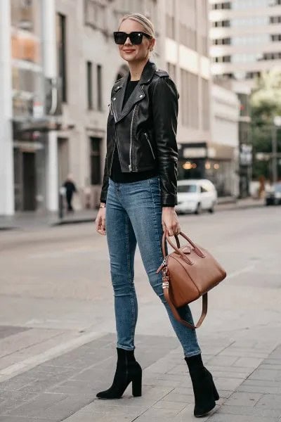 Black Leather Moto Jacket with Greyish Blue Skinny Jeans & Heeled Boots