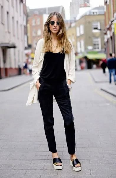 Pale Pink Cardigan with Black Vest Top & Slide Sandals