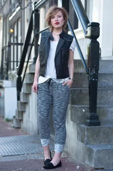 Black Leather Studded Vest with Grey Knit Pants