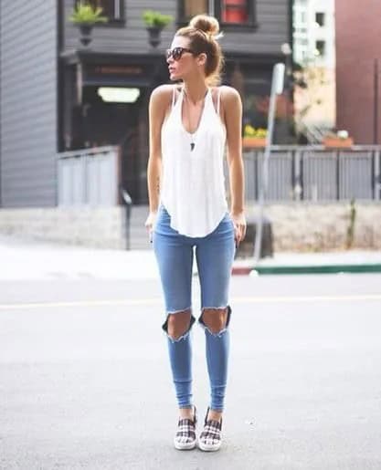 White Tank Top with Light Blue Skinny Ripped Jeans & Plaid Sneakers